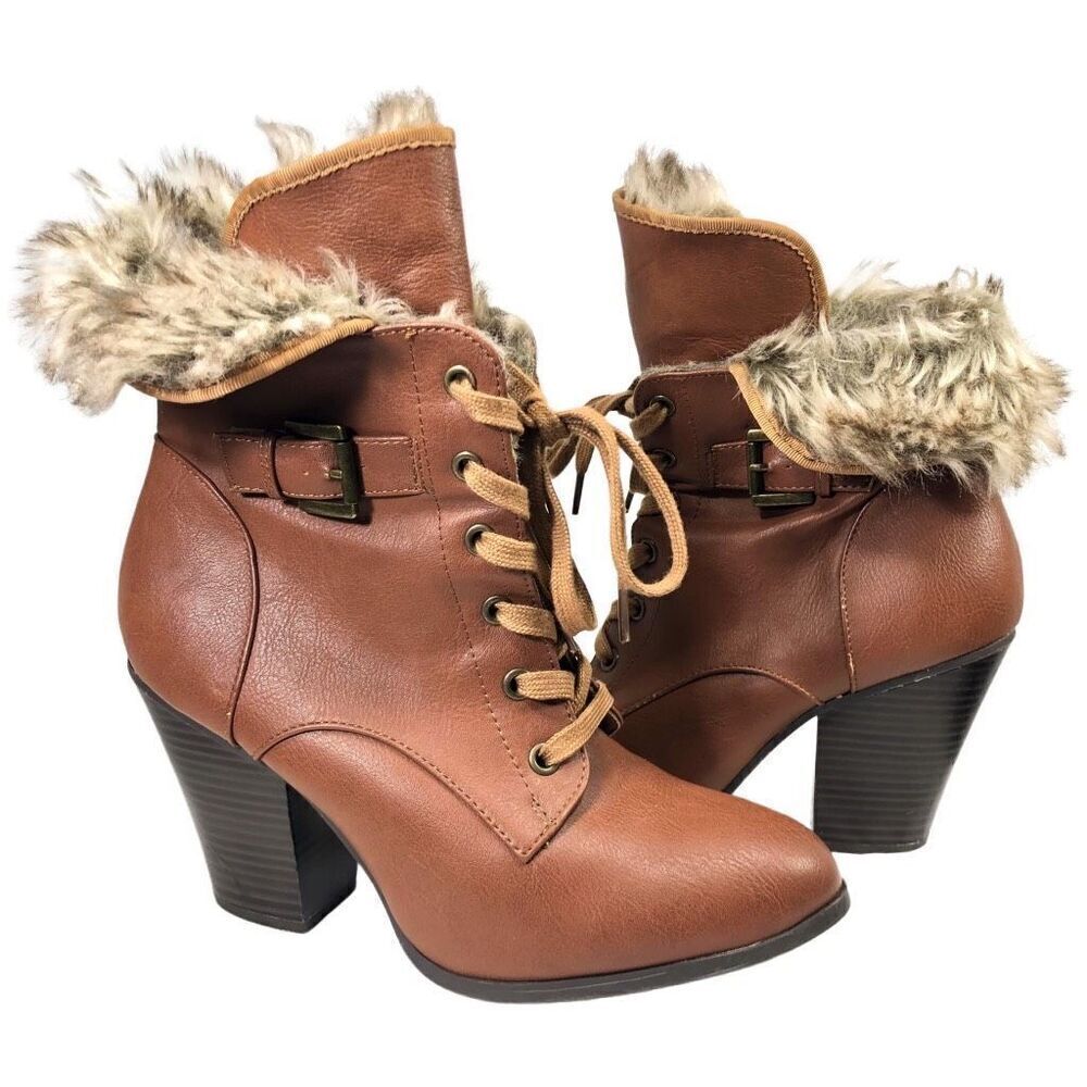 Charlotte Russe Boots 9 Brown Foldover Faux Fur Vegan Leather Pointy Laces Heels